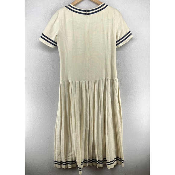 BROOKS BROTHERS Dress 4 Sailor Fit & Flare Pleated Linen Canvas Off White VTG - Picture 2 of 16